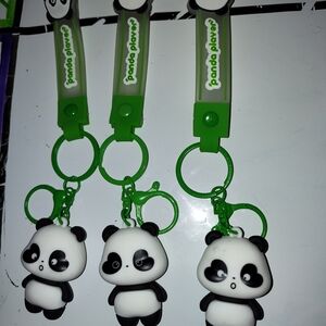 3 Panda Keychain Set with Green Clips